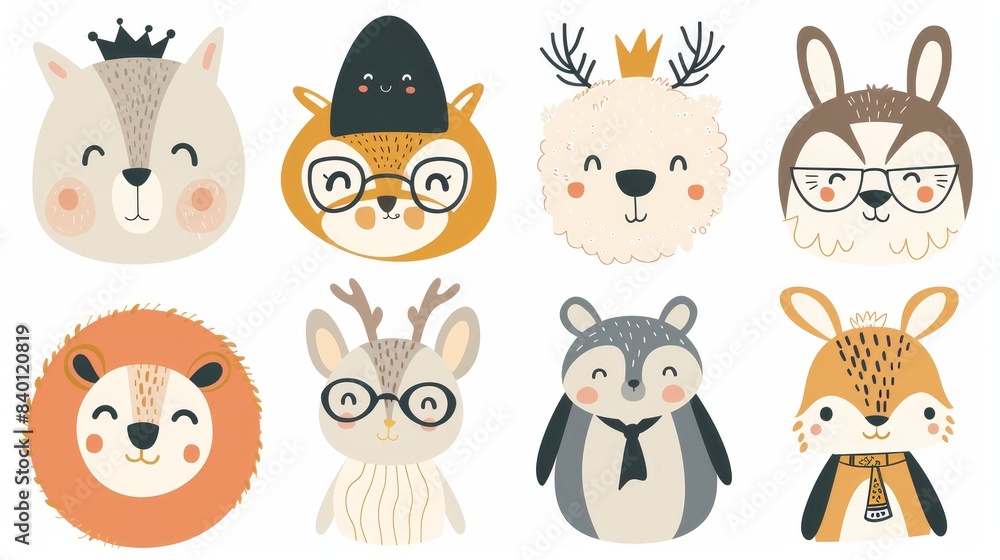 Naklejka premium This is a collection of cute funny animal faces and heads wearing glasses, hats, headbands, and wreaths. It is an isolated white background with colored cartoon muzzles. The illustration is hand