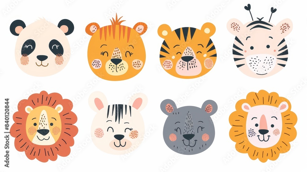 Animals like a panda, a tiger, a sloth, a zebra, a koala and a lion flat style. Animals like a panda, a tiger, a sloth, a zebra, a koala and a lion flat style.