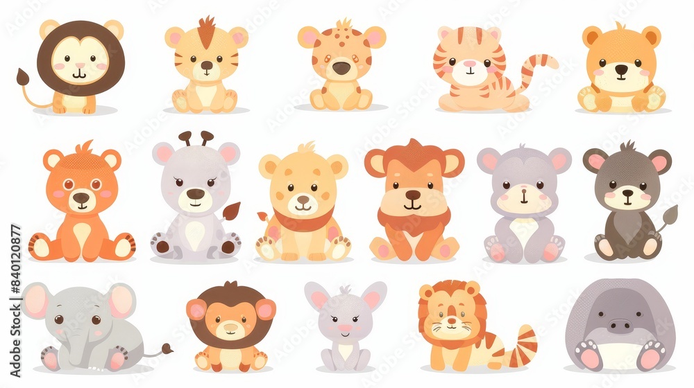 The set includes lions, tigers, hippopotamuses, bears, foxes, zebras, giraffes, and elephants. Modern illustration. The set includes lions, tigers, hippopotamuses, bears, foxes, zebras, giraffes, and elephants. Modern illustration.