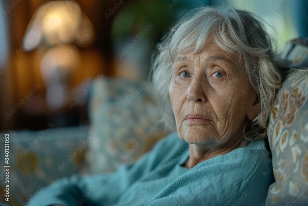 Elderly lady on sofa with blue throw Elderly lady on sofa with blue throw