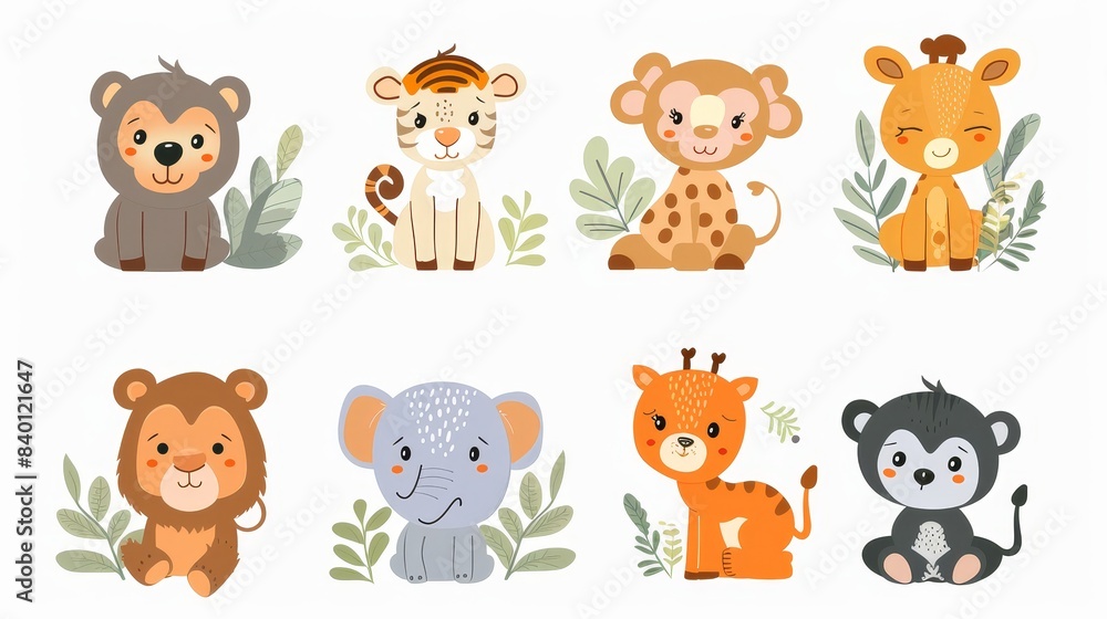 The modern illustration features an elephant, giraffe, tiger, bear, hippo, monkey, lion, deer, zebra, and fox, all in standing position.