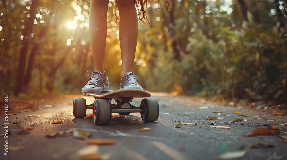Obraz premium Close-up low angle shot of a woman's feet standing on a skateboard on an asphalt road.