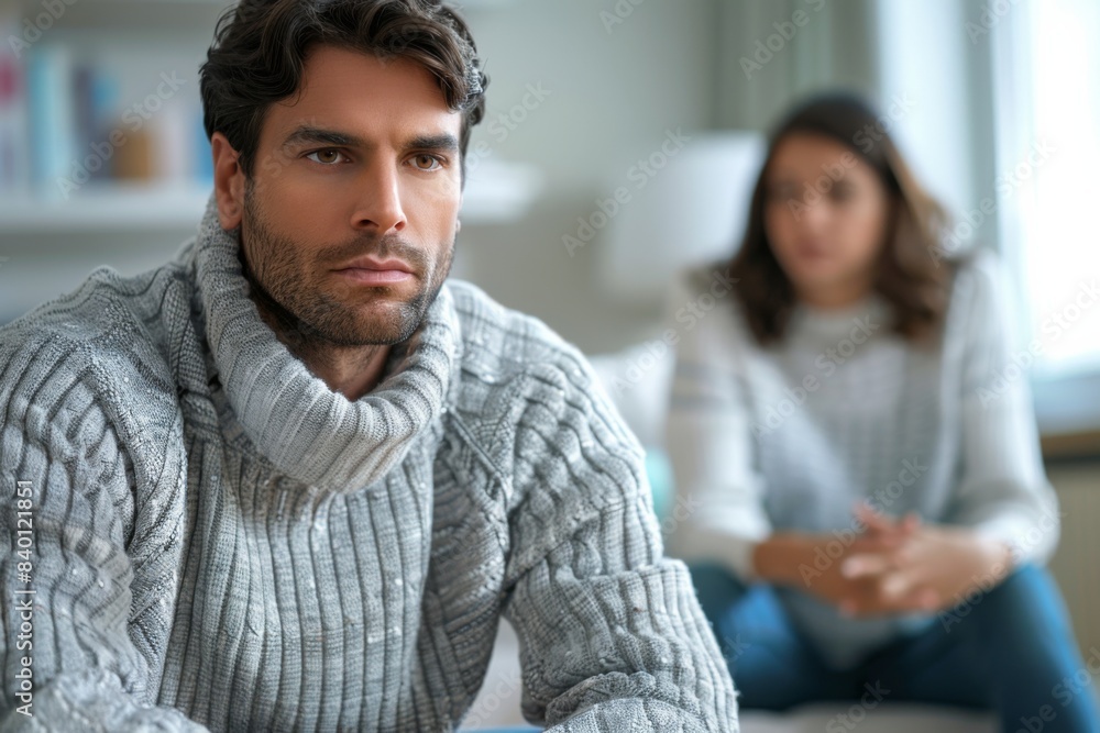 Fototapeta premium Sitting man in sweater in front of woman