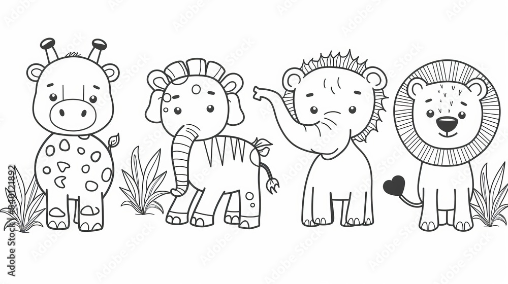 Animals friendly cartoon characters from Africa. Lion, giraffe, elephant, rhino, and zebra friends. Black outline coloring book modern illustrations. Animals friendly cartoon characters from Africa. Lion, giraffe, elephant, rhino, and zebra friends. Black outline coloring book modern illustrations.