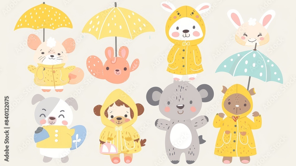 Isolated cartoon baby animal wearing raincoat and umbrella on a rainy day Isolated cartoon baby animal wearing raincoat and umbrella on a rainy day