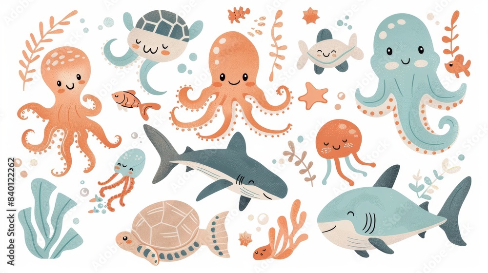 Animals from seas and oceans: turtle, squid, fishes, whale, octopus, submarine cartoon modern illustration Animals from seas and oceans: turtle, squid, fishes, whale, octopus, submarine cartoon modern illustration