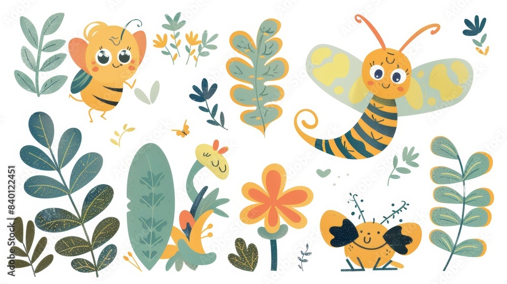 This colorful set of cartoon insects is perfect for kids and children. These insects include butterflies, snails, spiders, moths, and many more. This colorful set of cartoon insects is perfect for kids and children. These insects include butterflies, snails, spiders, moths, and many more.