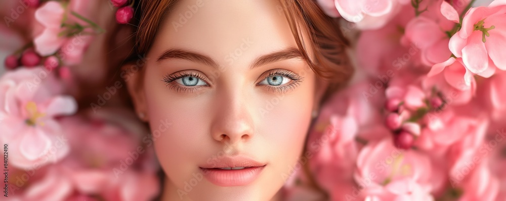 Portrait of a beautiful girl surrounded by pink flowers. Young stunning woman in pink Portrait of a beautiful girl surrounded by pink flowers. Young stunning woman in pink