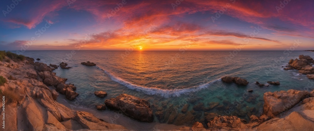 Fototapeta premium Wide panorama with the ocean coast and setting sun