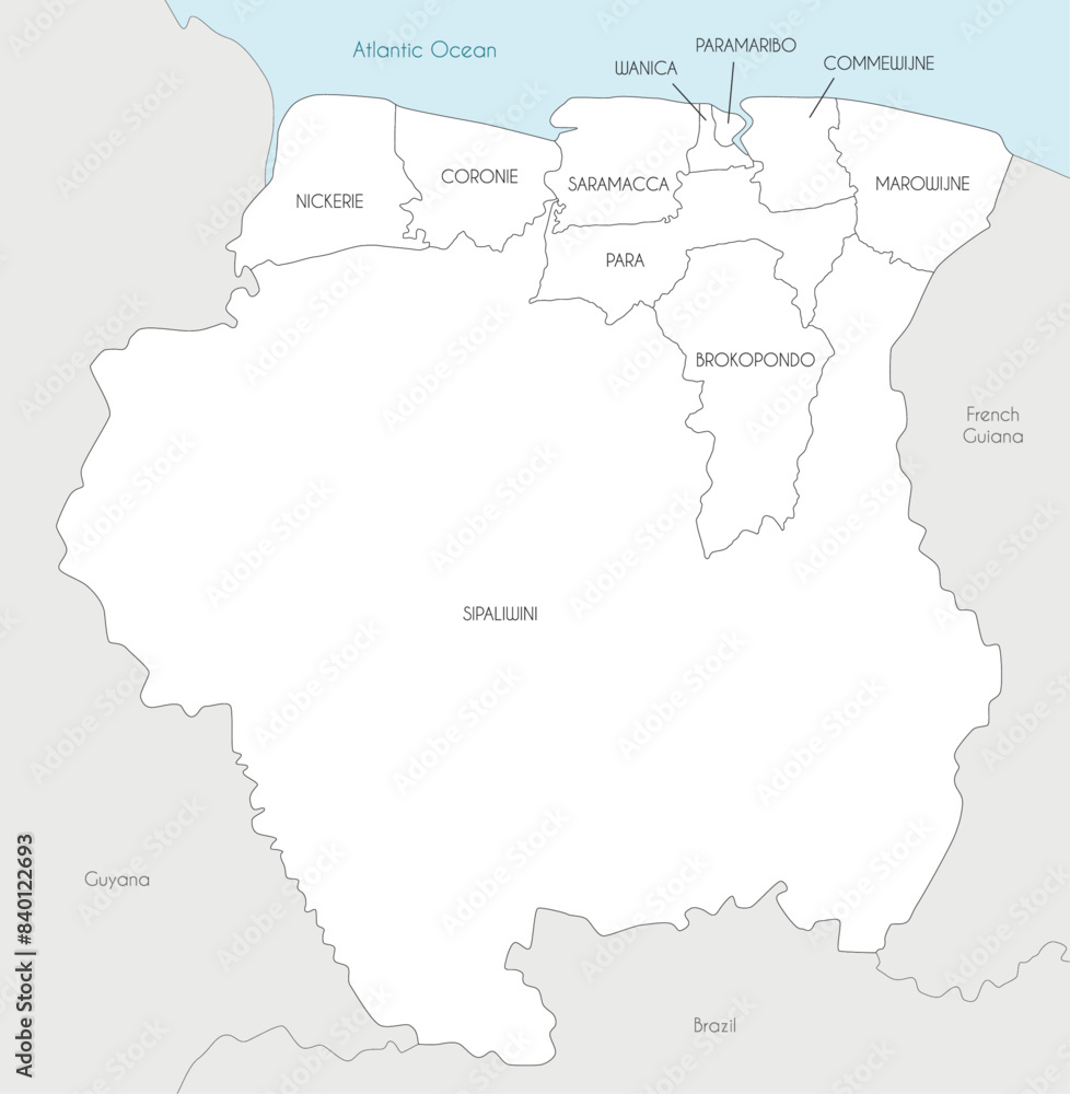 Obraz premium Vector map of Suriname with districts and administrative divisions, and neighbouring countries. Editable and clearly labeled layers.