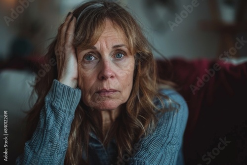 Woman on couch head in hands photo