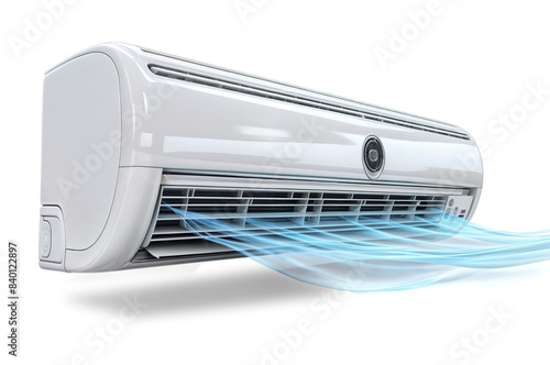 A white air conditioner on an  isolated on white or transparent png, releases blue cold air currents.  photo