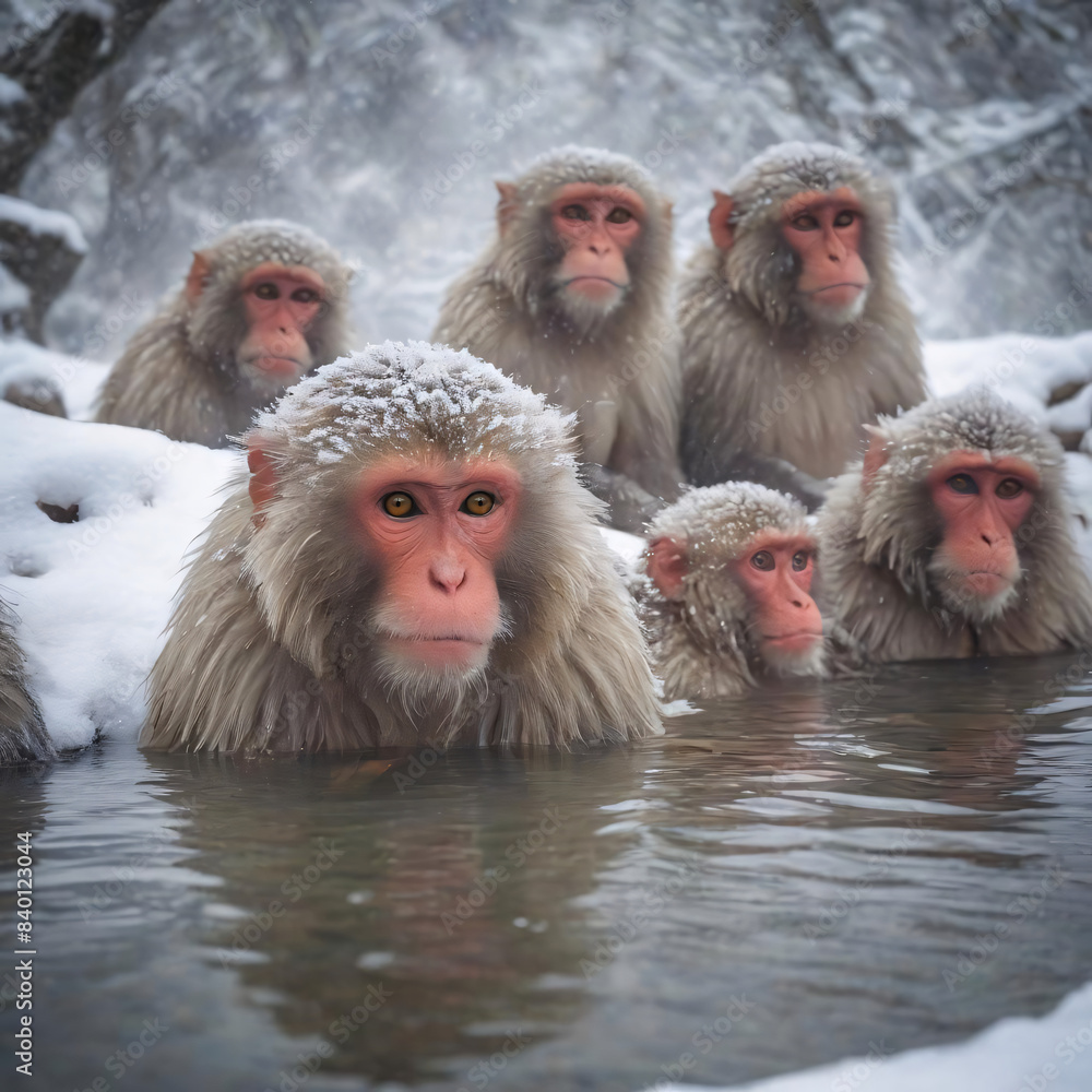 Naklejka premium close-up portrait of a cute monkeys in Hot Spring (onsen) mountains of Japan in winter