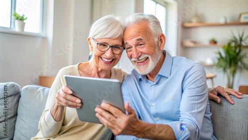 Elderly couple using a tablet for video calls and social media, senior, man, woman, tablet, technology