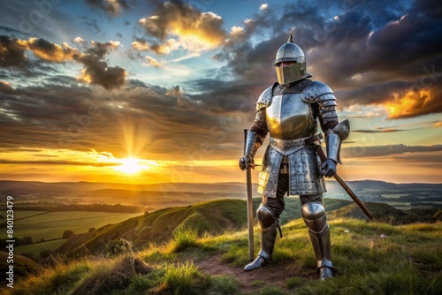Medieval knight warrior standing at sunset in full armor , medieval, knight, warrior, sunset, armor, sword, medieval times © Woonsen