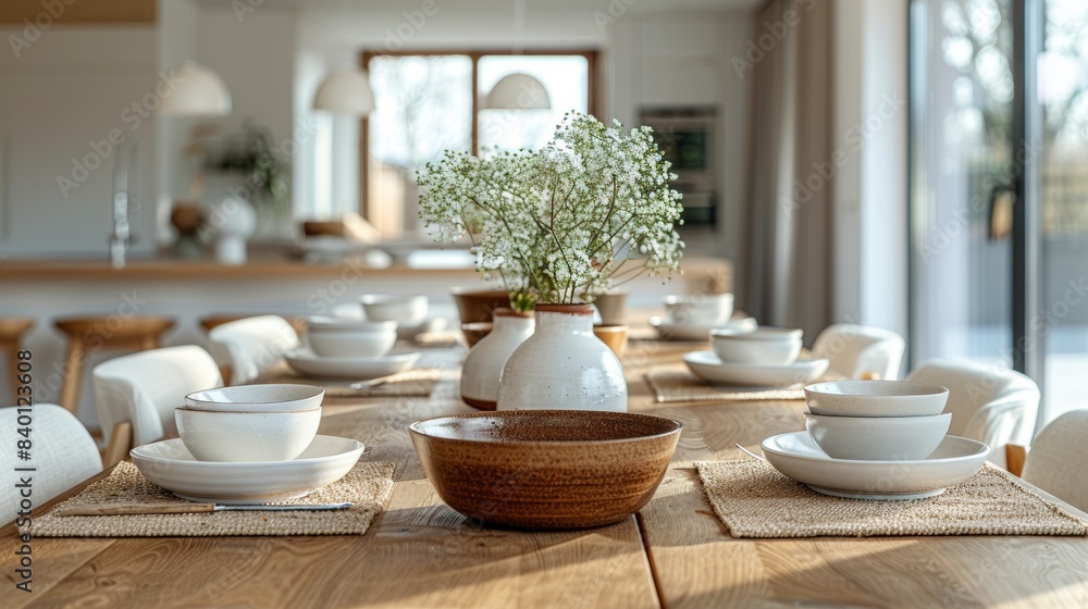Modern Dining Elegance: Stylish Room with Wooden Table. A stylish and modern dining room that features a large wooden table as its centerpiece, surrounded by contemporary artwork and chic furniture. Modern Dining Elegance: Stylish Room with Wooden Table. A stylish and modern dining room that features a large wooden table as its centerpiece, surrounded by contemporary artwork and chic furniture.