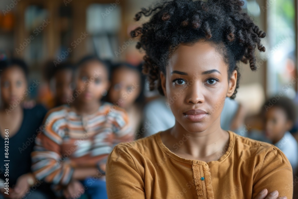 Woman brown shirt group kids Woman brown shirt group kids