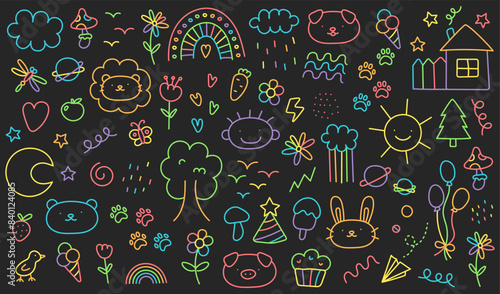 Children scribble elements set. Cute kid scribble line animals, flower, heart, butterfly, house. Rainbow background. Hand drawn doodle with crayons on blackboard. Vector illustration isolated