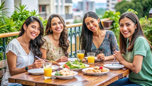 Smiling group of young Hispanic women enjoying a meal together on a terrace , happy, friends, Hispanic, women, group