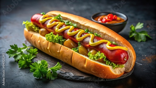 Hot dog with mustard, ketchup, and pickles on a dark background , food, hot dog, condiments, pickles, fast food, snack, savory, lunch, meal, tasty, delicious, American, cuisine, street food