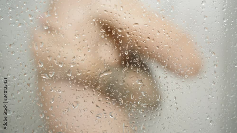Man in Shower Behind Water-Droplet Covered Glass, Standing Sideways and Rubbing Body, Slow Motion. Man in Shower Behind Water-Droplet Covered Glass, Standing Sideways and Rubbing Body, Slow Motion.