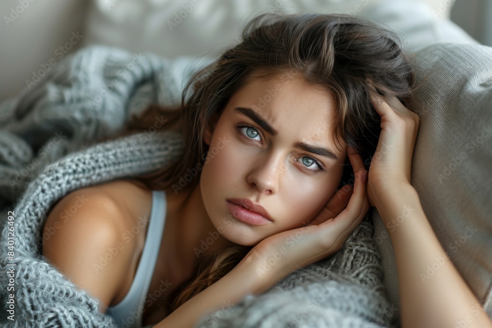 Naklejka premium Woman reclining on sofa covered with blanket