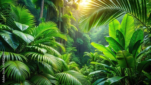 Lush tropical green leaves in a vibrant jungle setting   nature  foliage  lush  vibrant  tropical  greenery  exotic  wild  forest  plant  environment  botany  lushness  vegetation  growth