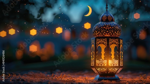 Premium Eid greeting card illustration with luxurious design. Eid Mubarak background with stars and moon. Islamic lamp design with Eid design 