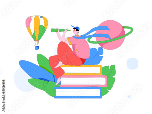 World Book Day Reading Character Flat Vector Concept Operation Hand Drawn Illustration
