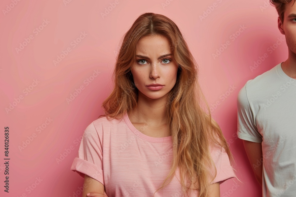 Obraz premium Pair: blonde lady, blue eyes, man pink shirt