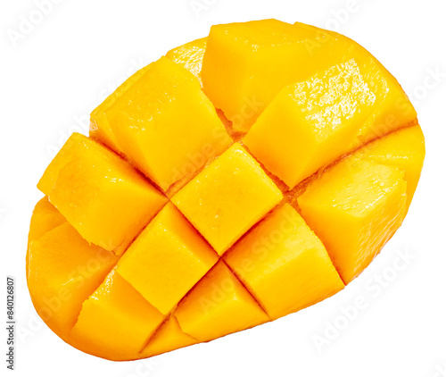 Slices of Red mango on white background, Fresh Japanese Elegant mango fruits “Egg of the Sun” Sugar content of 16 degrees isolate on white PNG File. photo