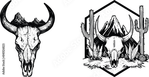 Set of bull skull with mountains, vector illustration.