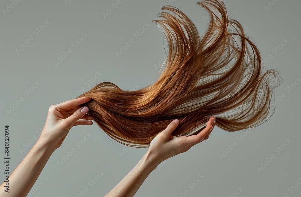 Close up hand holding brown hairs on studio background,Young woman posing with her gorgeous long flying hair,Lively hair,copy space. Close up hand holding brown hairs on studio background,Young woman posing with her gorgeous long flying hair,Lively hair,copy space.