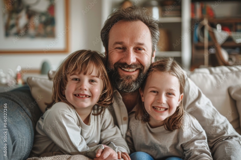 A handsome father and son are playing together on the couch at home. The family is happy. A handsome father and son are playing together on the couch at home. The family is happy.