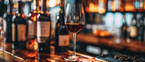 wine glass in a man's hand, with red wine bottles on the bar counter in the background