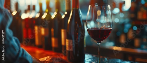 wine glass in a man's hand, with red wine bottles on the bar counter in the background