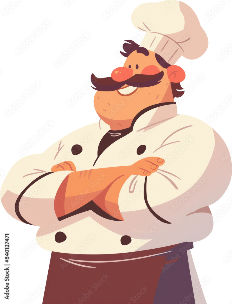 Smiling chef with arms crossed wearing a white chef hat and apron isolated on transparent background. Smiling chef with arms crossed wearing a white chef hat and apron isolated on transparent background.