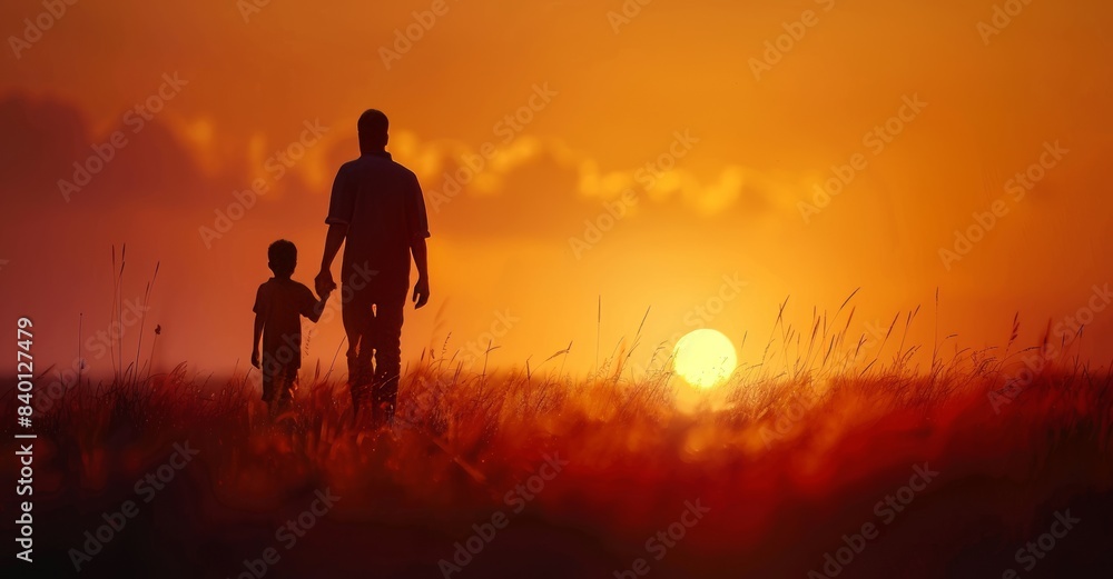 Fototapeta premium Holding hands with his son, a loving father walks alongside him.