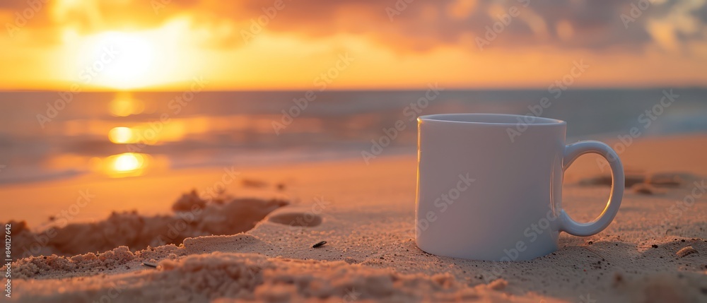 white mug, mockup on a sand beach in blurred background white mug, mockup on a sand beach in blurred background