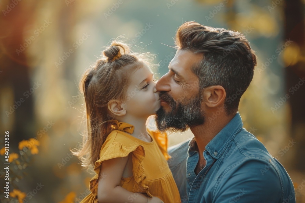 Young, stylish father with a bearded mustache walking with his little daughter in nature at sunset. Vintage family photos featuring father and daughter. Selective focus, noise effect. Young, stylish father with a bearded mustache walking with his little daughter in nature at sunset. Vintage family photos featuring father and daughter. Selective focus, noise effect.