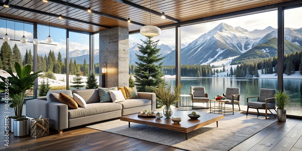 View of Luxury open plan living space with modern furniture and indoor plants ...