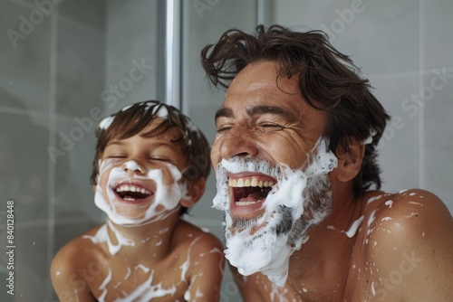As a father and son shave in the bathroom, they have a lot of fun