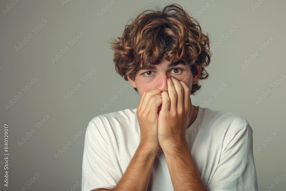 Curly-haired man shielding face with hands Curly-haired man shielding face with hands