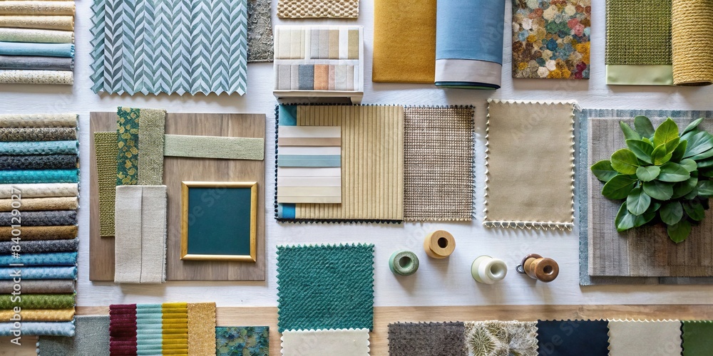 Interior design mood board with fabric and paint swatches, interior