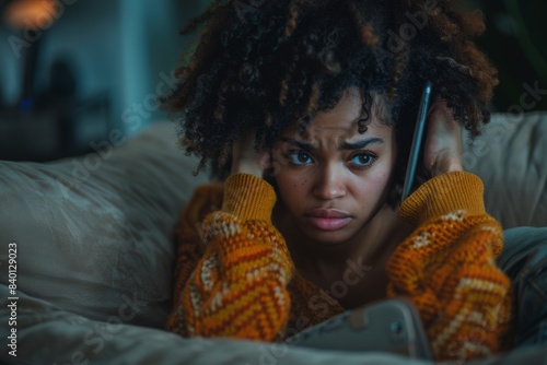 Woman sitting couch phone talk