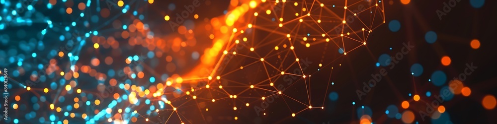 Dynamic technology background featuring orange and blue dots connected in a detailed plexus network Dynamic technology background featuring orange and blue dots connected in a detailed plexus network