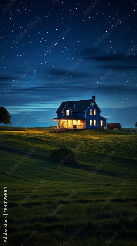 Fototapeta premium A farmhouse with lights on sits on a grassy hill under a starry night sky
