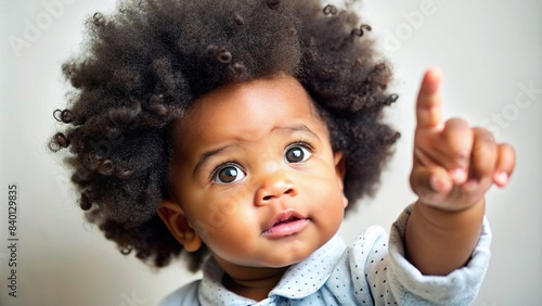 Close up of a baby with a stylish afro haircut pointing with their fingers, baby, afro hair, pointing, fingers, cute, adorable, hairstyle, trendy, fashionable, young, child, diversity