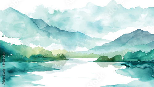 Watercolor background illustration landscape with lake and mountains