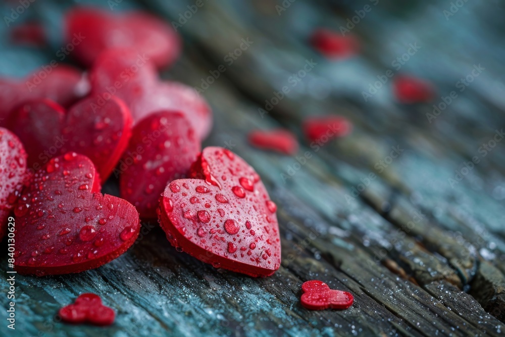 Obraz premium Heart candies on wood with droplets